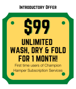 Introductory Offer: $99 Unlimited Wash, Dry and Fold for 1 Month for first time users of Champion CleanersHAmper Subscription Services